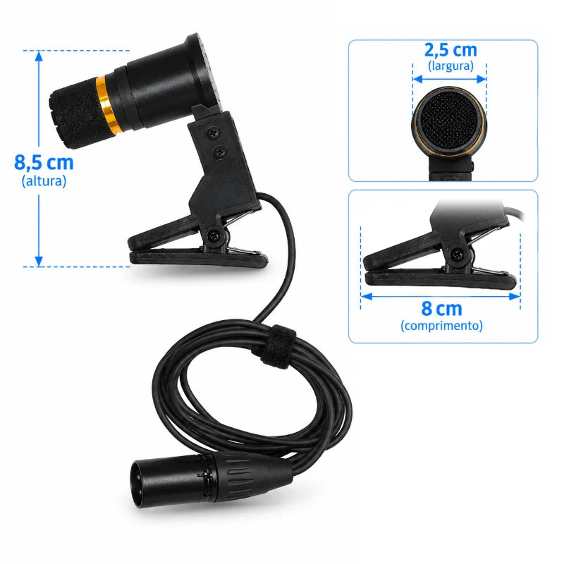 Especificações Microfone Dinâmico para Tantan, Rebolo e Repique com Garra AlphaX Audio